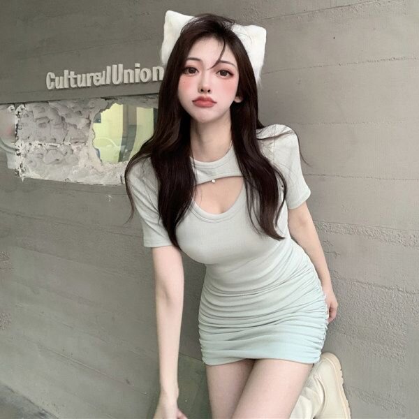 夏裝新款時尚百搭縷空短袖小個子緊身顯瘦包臀連衣裙短裙女潮