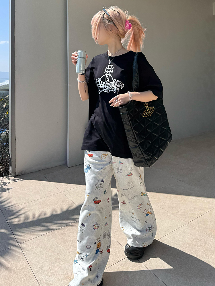 Korean design sense cartoon printed wide-leg pants for women 2025 spring and summer retro slim high waist sports and casual trousers