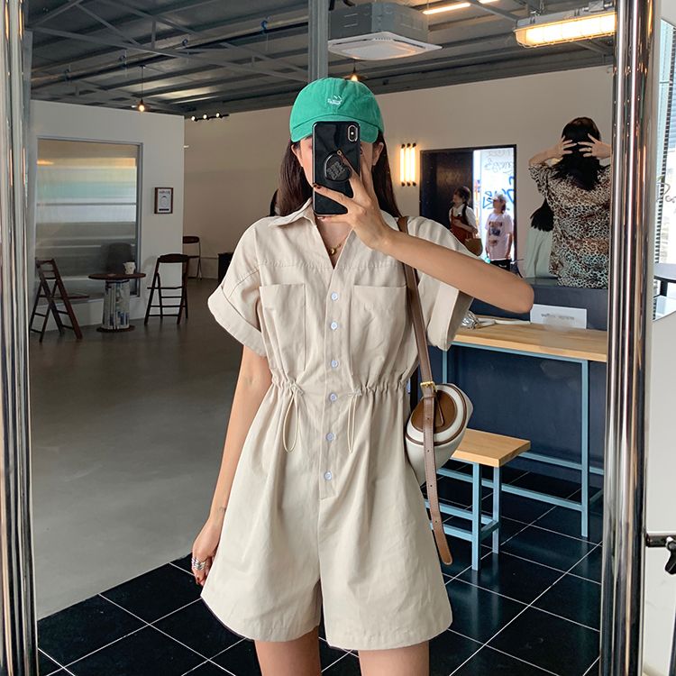 夏季2025新款女小個子連身褲網紅學生裝寬鬆短袖工裝連衣褲子
