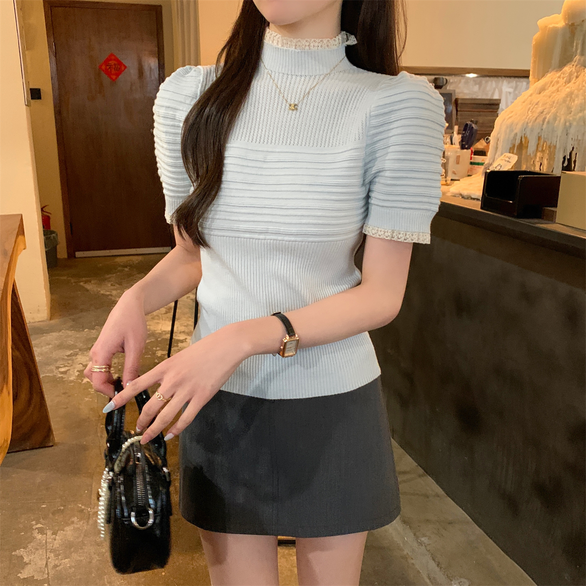 Real shot of summer Korean style half-high neck lace puff sleeve design slim sweater short-sleeved top