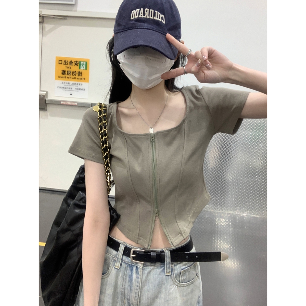 Real shot of spring and summer Korean style slim square collar double zipper design short-sleeved pure cotton T-shirt women's top