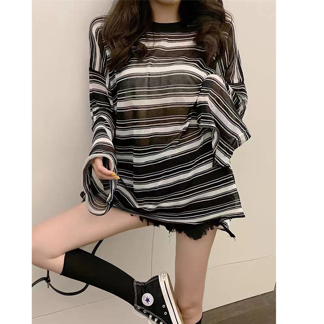 Internet celebrity striped thin bottoming shirt for women with spring and summer new Korean loose long-sleeved sunscreen air conditioning shirt