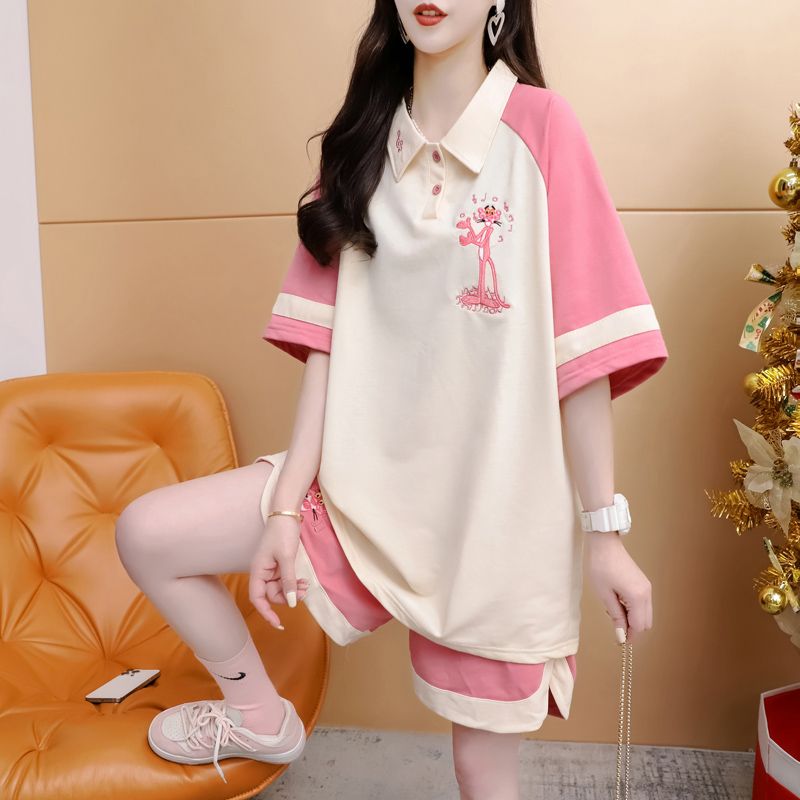 Real shot of 2025 summer 300 catties fish scale raglan sleeve embroidered short sleeve shorts two-piece suit for women