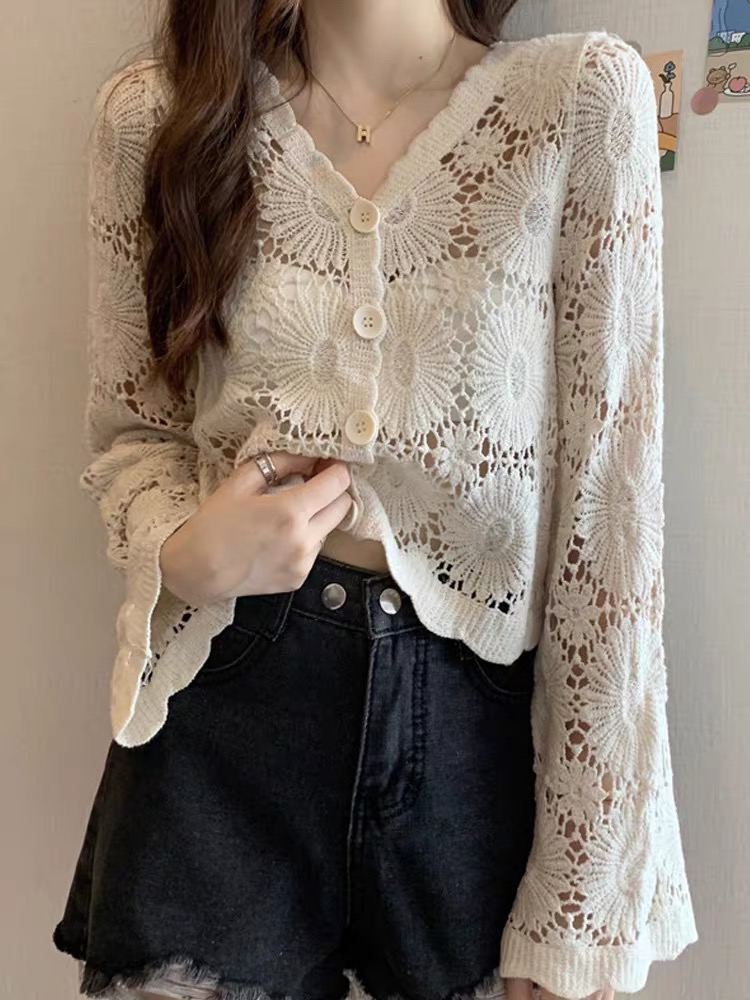 Hollow knitted sweater, sun protection cardigan, women's thin shirt, summer new air conditioner shirt short top