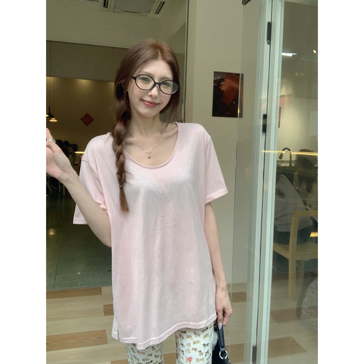 Real shot of summer Korean version loose and lazy U-neck white and slim versatile snowflake cotton short-sleeved T-shirt top