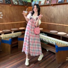 大碼女裝法式學院風甜美連衣裙夏季假兩件吊帶裙胖MM寬鬆顯瘦裙子