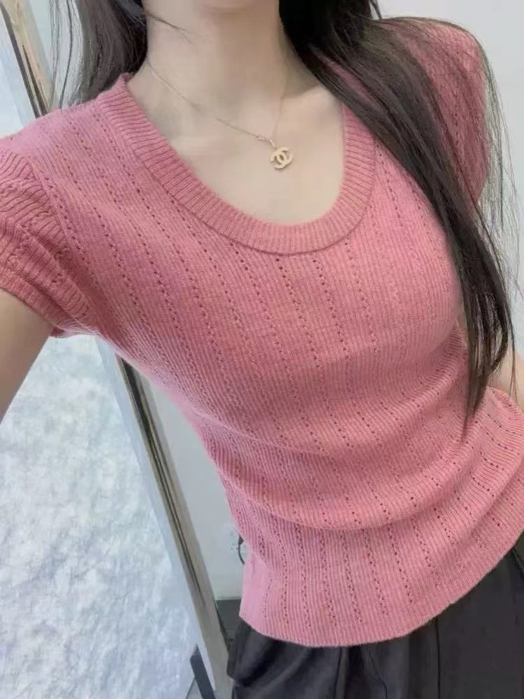 法式夏季新款輕薄U領針織短袖修身顯瘦舒適百搭氣質T恤上衣女
