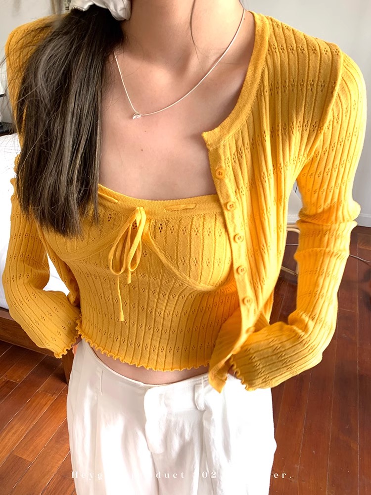 HEY黑哥 心動信號 鏤空針織吊帶女夏薄款多色花邊開衫套裝GIRL