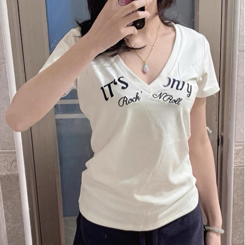人棉260克穿搭韓系白色V領純棉休閒短袖T恤女夏季百搭上衣