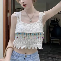 飛飛袖流蘇吊帶波西米亞風鏤空背心短款辣妹露臍上衣