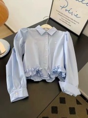 韓系甜美藍色襯衫上衣女2025春季新款通勤氣質氛圍感襯衣