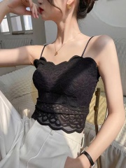 White lace suspender vest for women 2025 new summer with chest pad beautiful back and sexy base top
