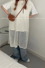 韓國設計款鏤空針織網格連衣裙女疊穿氛圍感背心裙春夏無袖馬甲裙