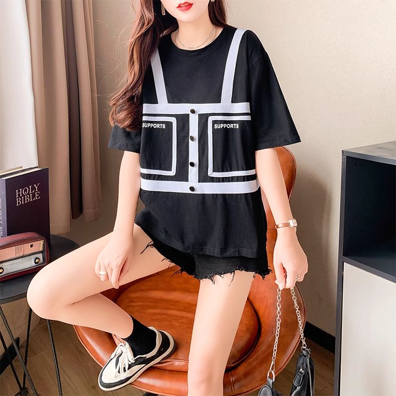 實拍2025夏季韓版寬鬆原版大碼300斤M-4XL印花短袖上衣T恤女