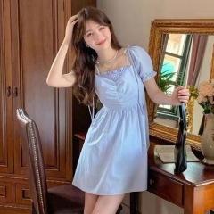 2025新款假兩件綁帶蝴蝶結連衣裙女春季甜美方領收腰顯瘦淑女裙子