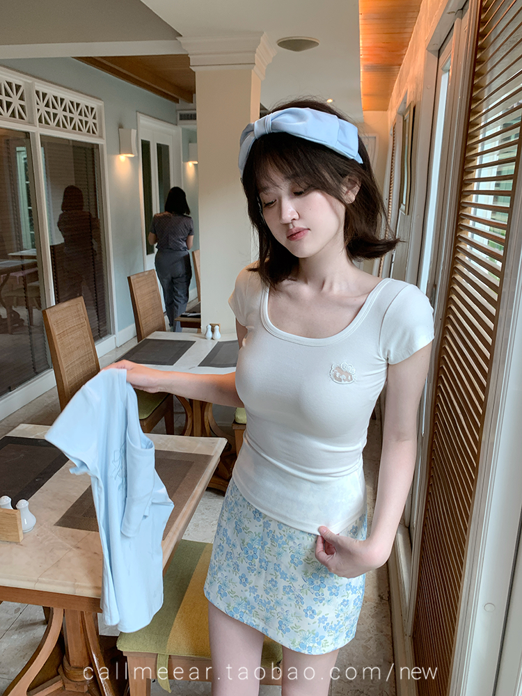 Korean chic pure cotton pure lace cat design U-neck short-sleeved T-shirt for women in summer new slim body style