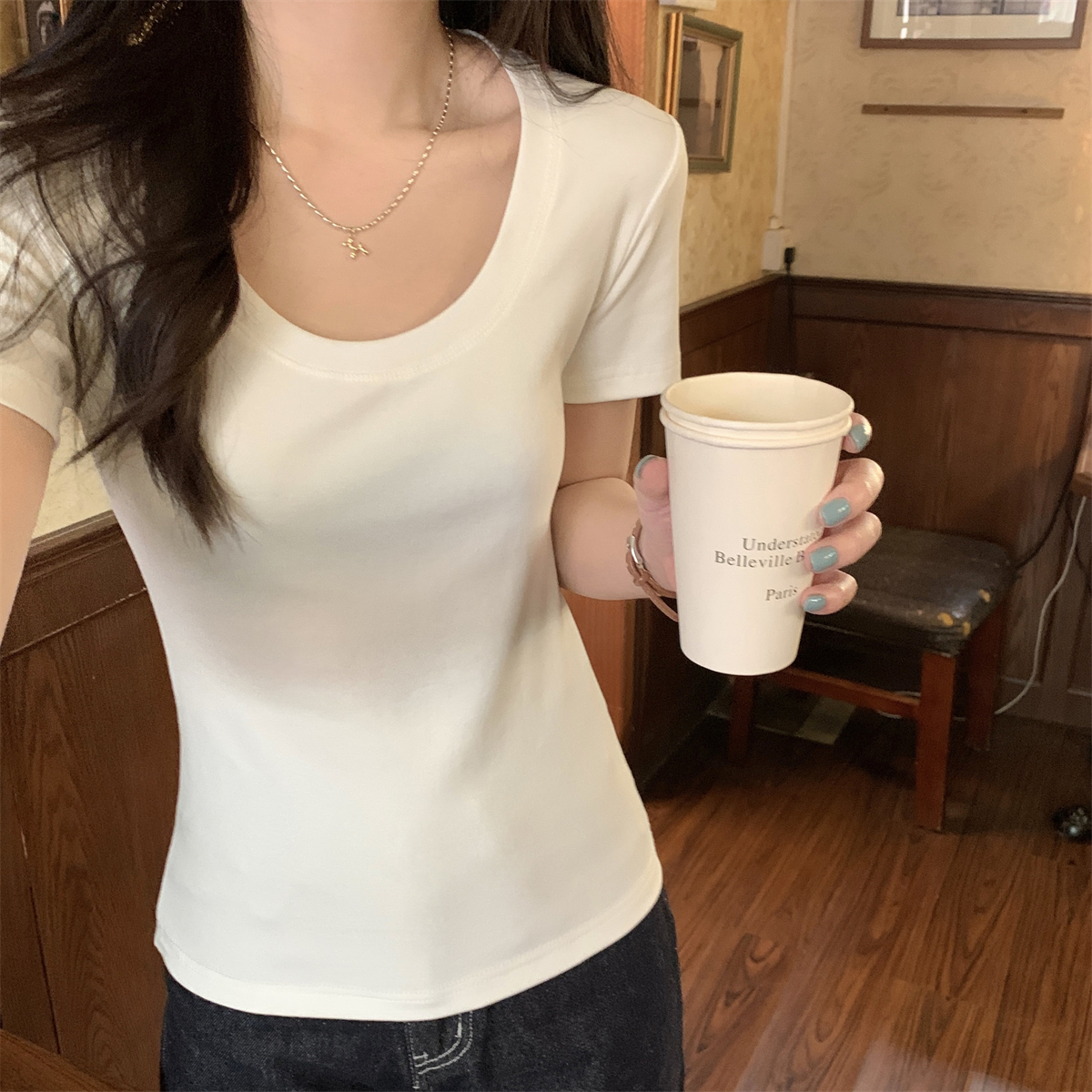 Real shot of summer Korean version of U-neck front shoulder simple and versatile temperament pure cotton short-sleeved T-shirt top