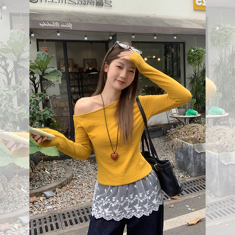 Real photo of yellow off-shoulder long-sleeved T-shirt for women 2025 new slim sexy hot girl pure collarbone top