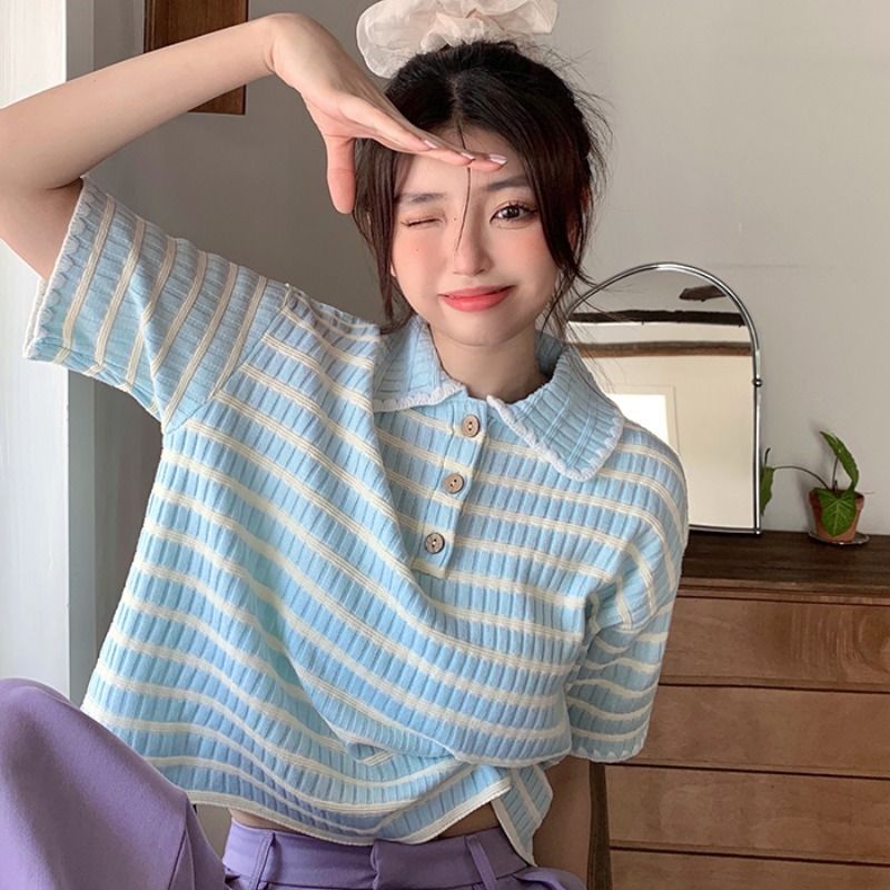 Polo collar striped knitted short-sleeved T-shirt for women's summer new style small and sweet Korean chic top