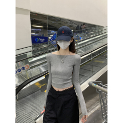 Real shot of spring and summer Korean style slim off-shoulder short hot girl with a versatile long-sleeved T-shirt top for women
