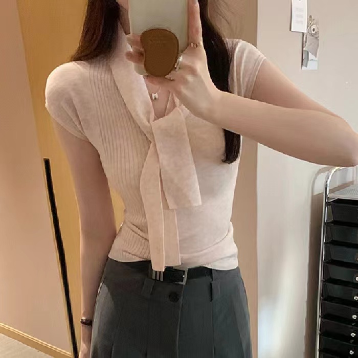 Korean chic French lace-up sleeveless sweater for women in summer new style V-neck inner bottom vest top