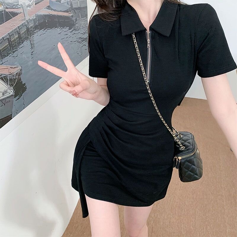 別致甜辣收腰裙子女小眾設計感短款Polo不規則拉鏈包臀連衣裙女夏