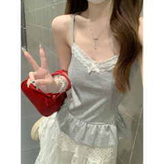 Real shot of summer Korean version of pure ballet style lace border beautiful back inner strap vest T-shirt top