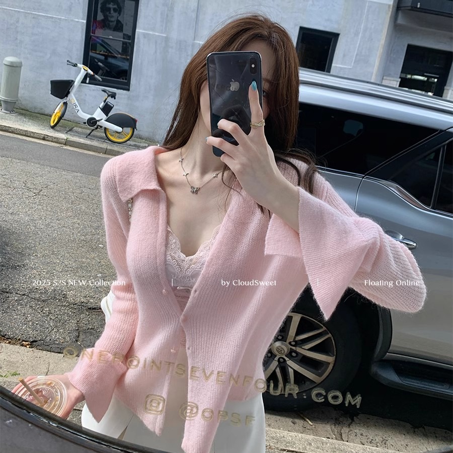 White cloud sweet pring warm fragrance fog mohair knitted cardigan for women's spring thin lapel shirt