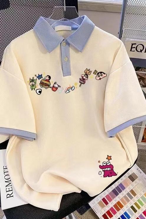 Bead floor cotton polo collar short-sleeved girlish age-reducing spliced ​​loose lapel T-shirt for women niche top