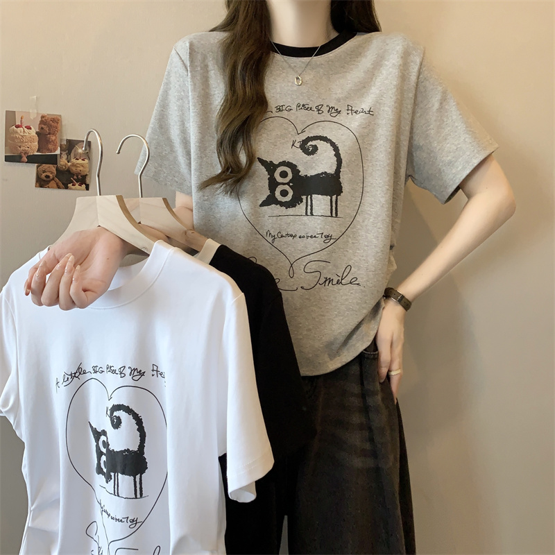 Side pleated waist short-sleeved T-shirt for women's Korean style versatile loose slim cotton top