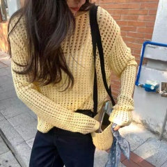 2025 atmosphere hollow knitted top for women's spring temperament commuting versatile loose round neck long sleeve base shirt