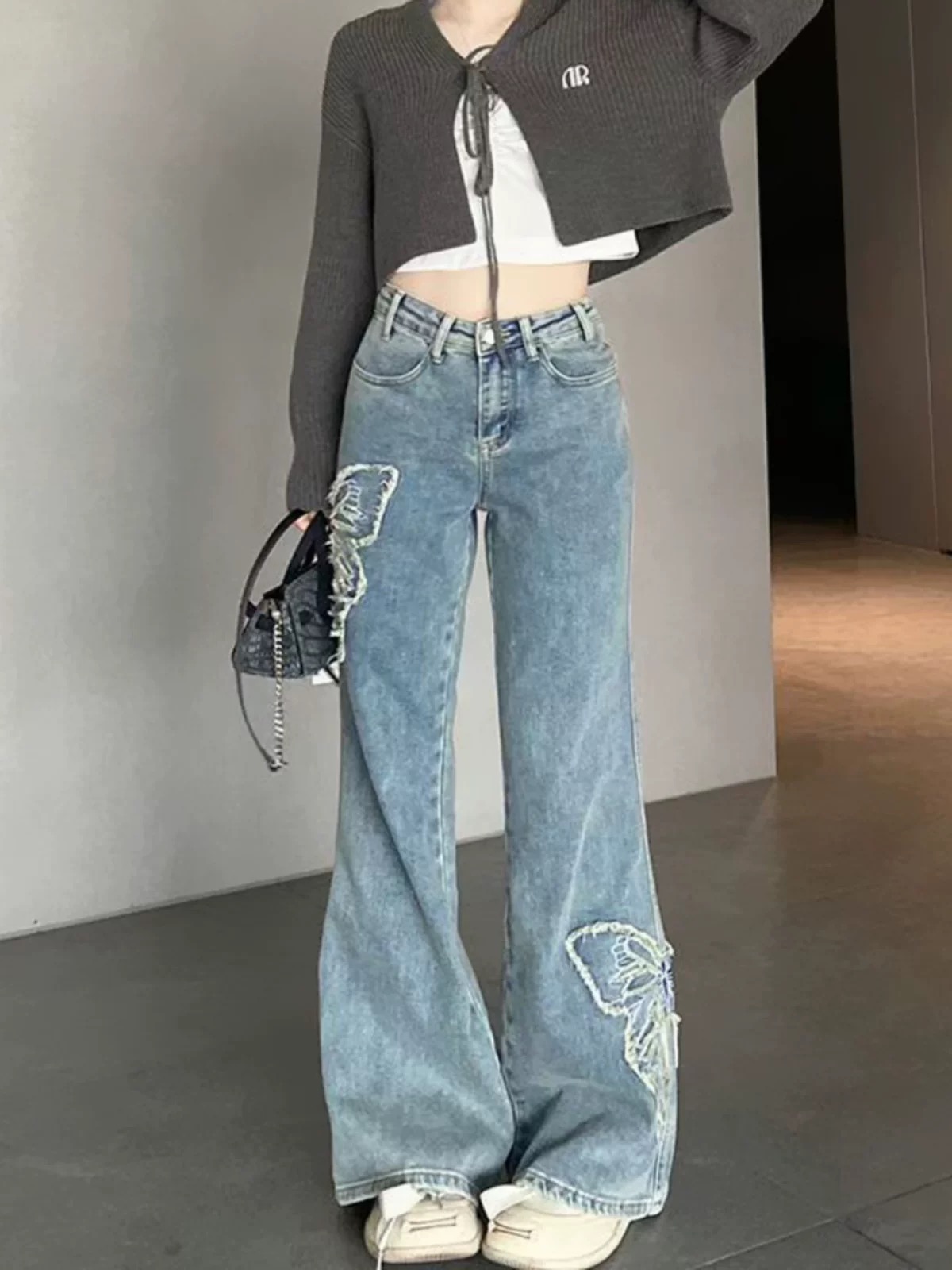 美式蝴蝶刺繡牛仔褲女設計感小眾高街vibe辣妹復古直筒微喇叭長褲