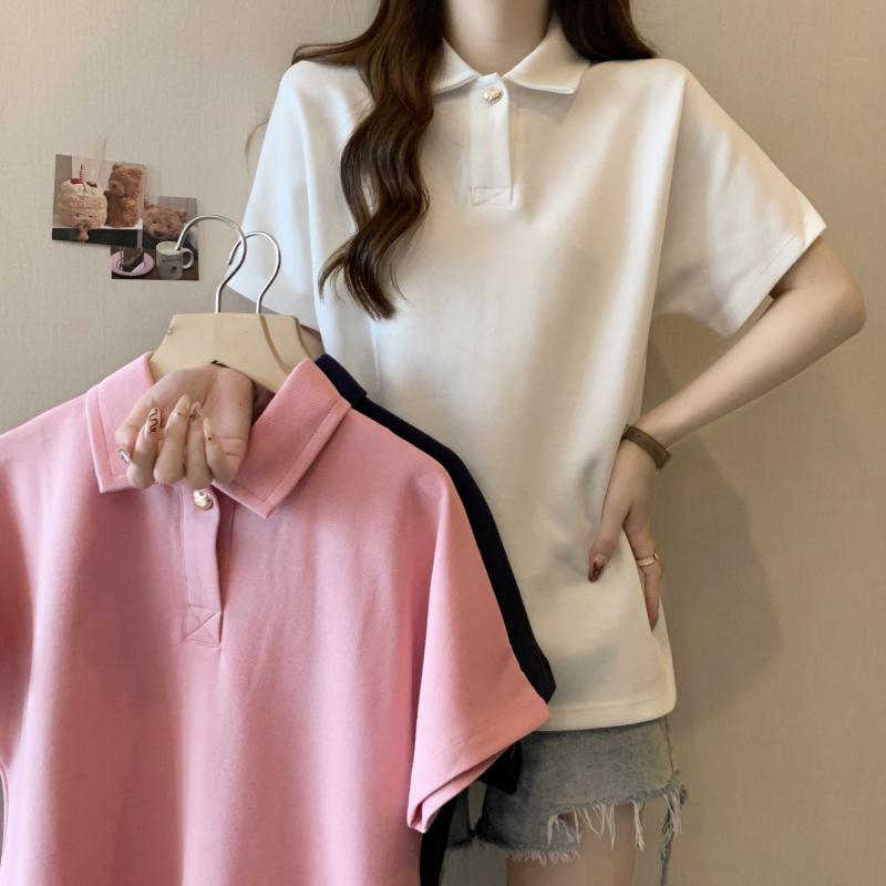 實拍 250g 6535棉珠地  polo領短袖T恤女愛心紐扣