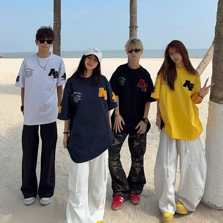 Korean chic pure cotton towel embroidery spliced ​​short-sleeved T-shirt men and women loose tops trendy summer new couple outfit