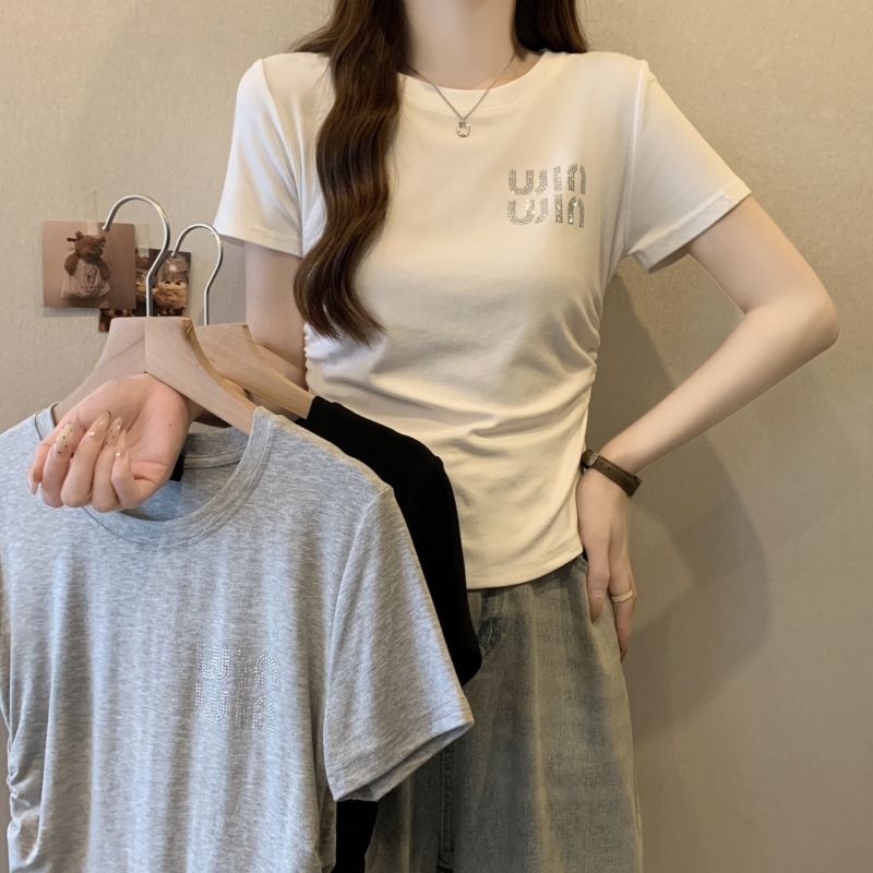 Real photo of pure cotton short-sleeved T-shirt for women in summer 2025 Korean version new design letters slim hot girl pure erotic top