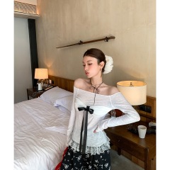 雪花冰爽棉辣妹一字肩系帶防曬長袖T恤女春季薄款微透蕾絲邊上衣