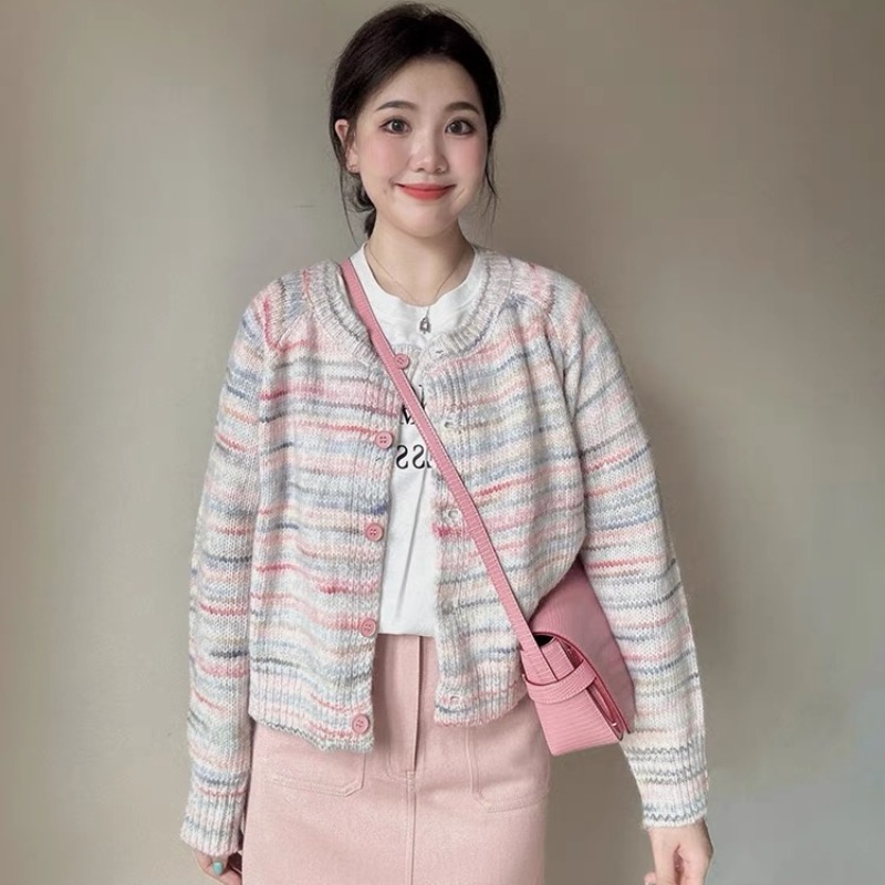 Pink striped knitted cardigan sweater jacket for women's autumn and winter new Japanese lazy style soft and sweet top