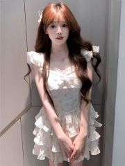 2025夏季小飛袖設計感連衣裙甜美溫柔蛋糕蓬蓬裙韓版純欲風短裙子