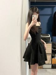 French Herve Leger black spaghetti strap dress, new high-end temperament, waist-cinching, slimming short dress, little black dress