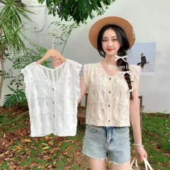 Korean Chic Retro Design V-Neck Hollowed-Out Mini Flared-Sleeve Vest for Women | Summer Vintage Top for Petite Figures