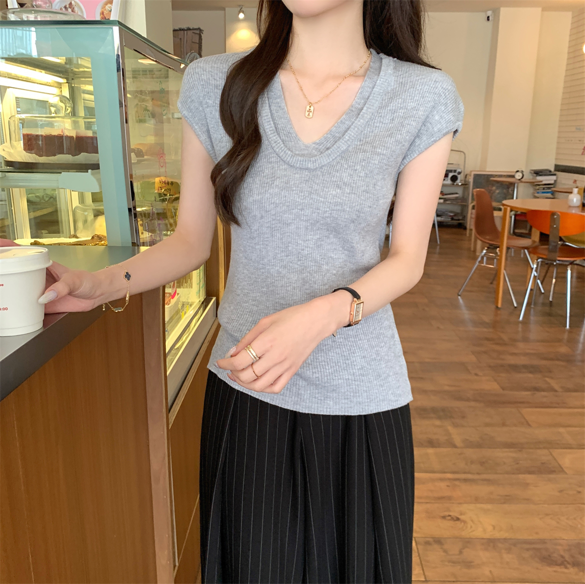 Real shot of summer Korean style double layer v neck soft glutinous 6 wool sweater short-sleeved top for women