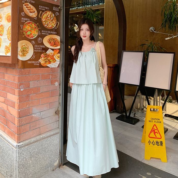 法式甜美花朵吊帶上衣套裝女2025夏季新款顯瘦高腰半身長裙兩件套