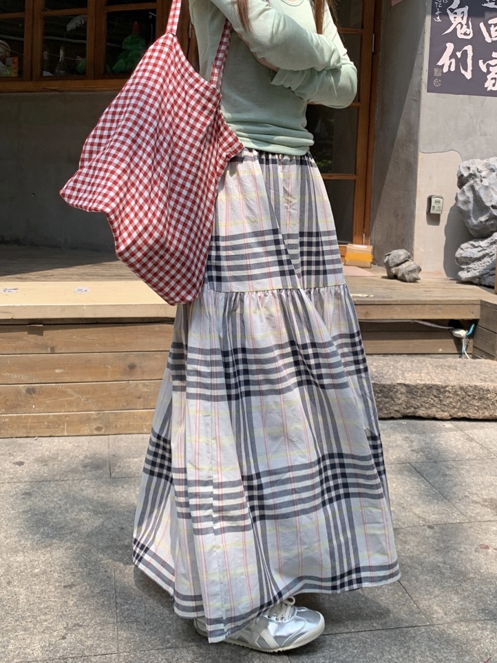 Real shot New Korean retro plaid splicing mid-length elastic waist versatile draped A-line skirt
