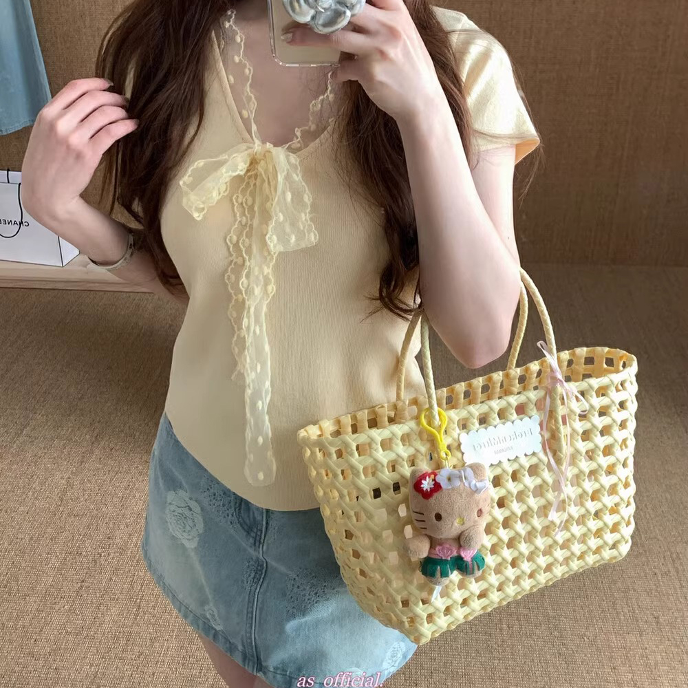 法式蕾絲花邊溫柔女短袖t恤女夏季小個子冰絲針織上衣