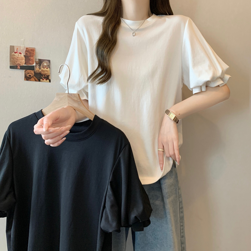 Pure cotton ins super hot puff sleeve T-shirt for women with versatile loose slim design niche chic Hong Kong flavor top