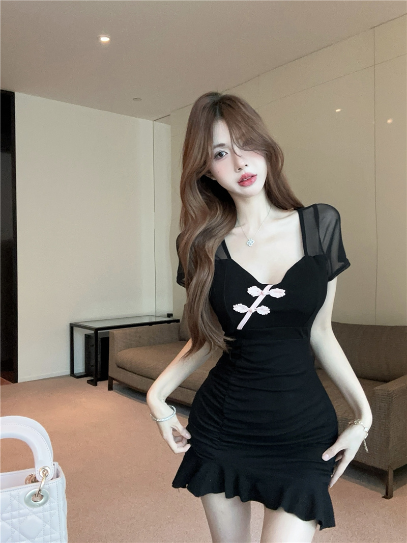 實拍~性感純欲辣妹風連衣裙網紗拼接復古小禮裙緊身包臀裙女