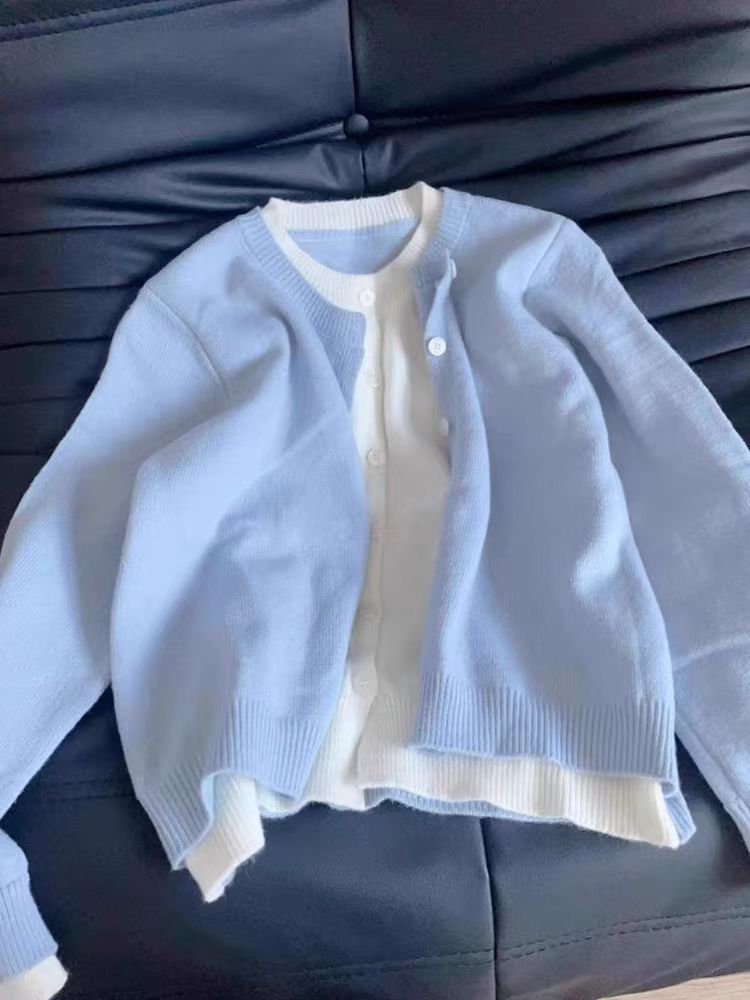 French style small fragrance blue fake two-piece knitted cardigan for women's spring new Korean style outfit button lazy style sweater