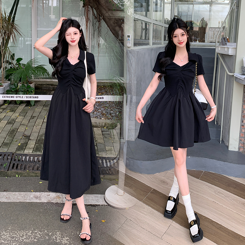 實拍~大碼赫本風黑色連衣裙女夏季高級感裙子胖mm遮肚子顯瘦a字裙