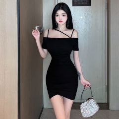 Real shot of new sexy one-length neck strap rag shoulder short-sleeved slim hip-pack dress