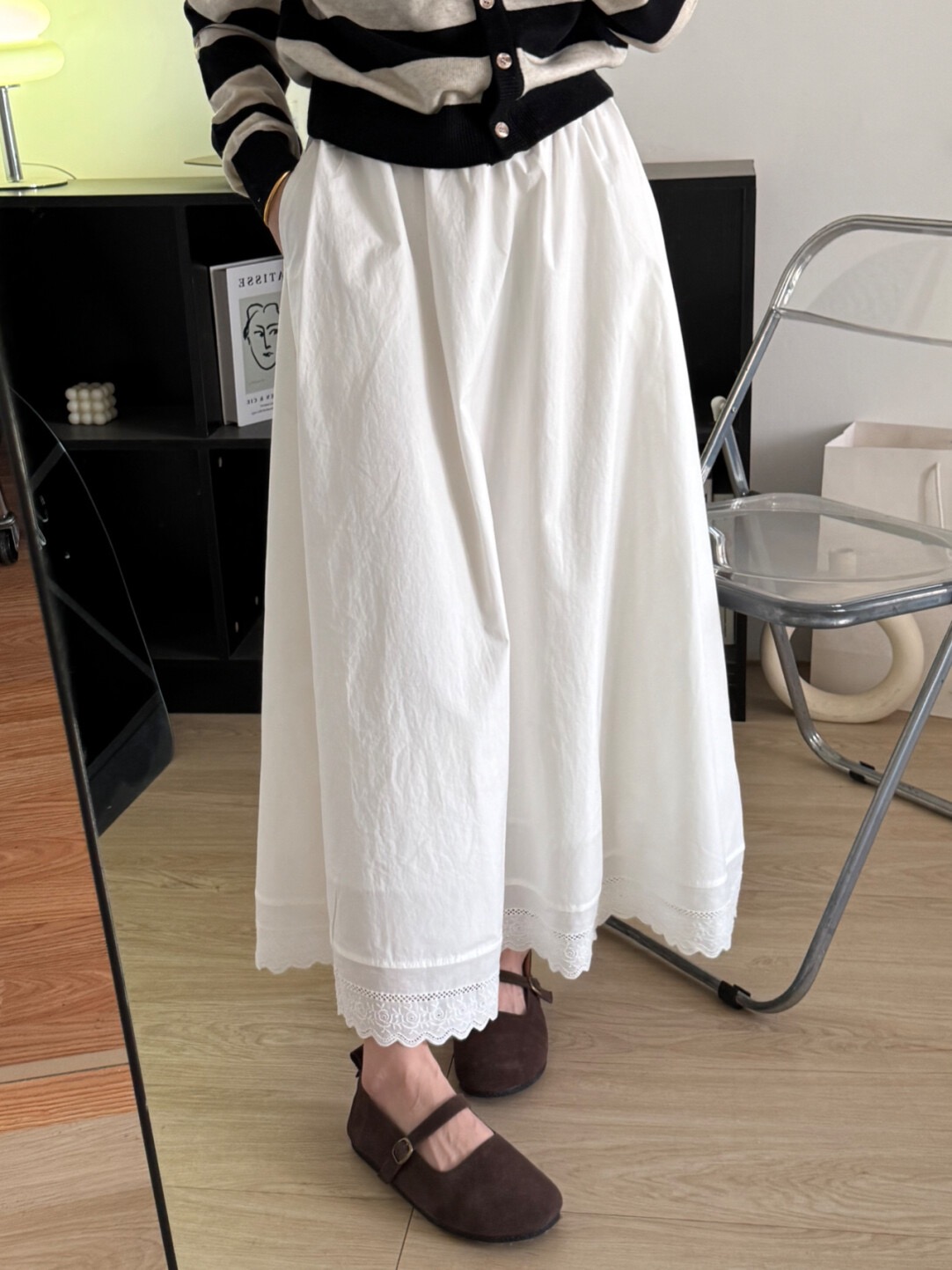 法式甜美百搭鬆緊腰拼接蕾絲半身裙女寬鬆顯瘦長裙仙女裙